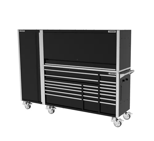 72 In. W X 24.5 In. D Professional Duty 20-Drawer Mobile Workbench Combo W/ Side Locker and Top Hutch in Gloss Black