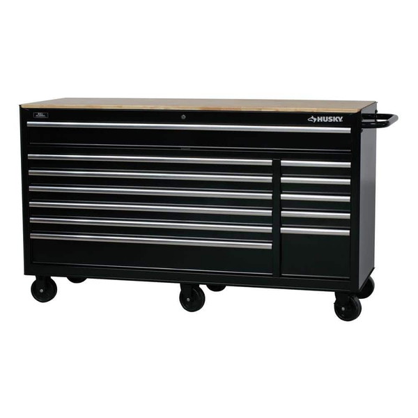66 In. W X 24 In. D Standard Duty 12-Drawer Mobile Workbench Tool Chest with Solid Wood Top in Gloss Black