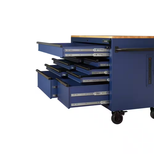 52 In. W X 25 In. D Heavy Duty 9-Drawer Mobile Workbench Tool Chest with Adjustable-Height Solid Wood Top in Matte Blue