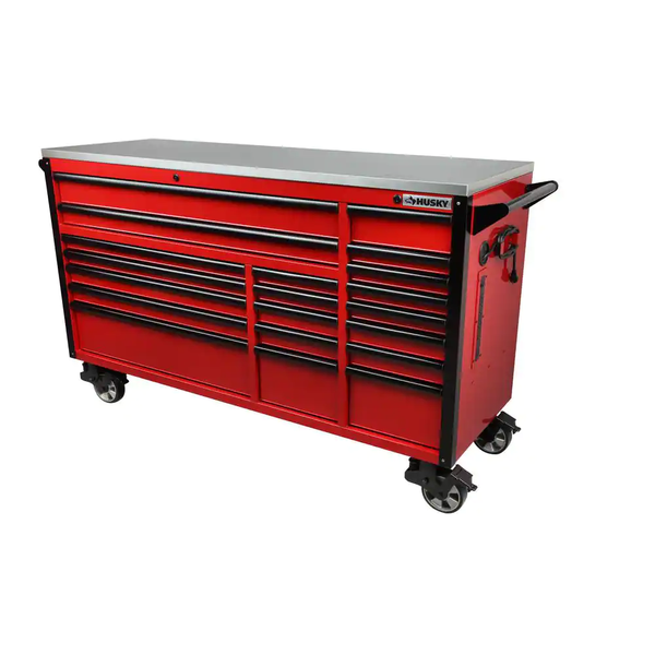 72 In. W X 24.5 In. D Professional Duty 20-Drawer Mobile Workbench Tool Storage Combo with Side Locker in Red