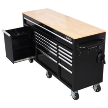 62 In. W X 20 In. D 12-Drawer Gloss Black Mobile Workbench Cabinet with Solid Wood Top and Power Drawer