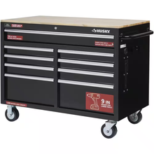 46 In. W X 24.5 In. D Standard Duty 9-Drawer Mobile Workbench Cabinet with Solid Wood Top in Gloss Black