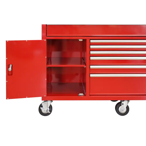 61 In. W X 22.1 in D Standard Duty 7-Drawer 1-Door Mobile Workbench Tool Chest with Solid Wood Top in Gloss Red