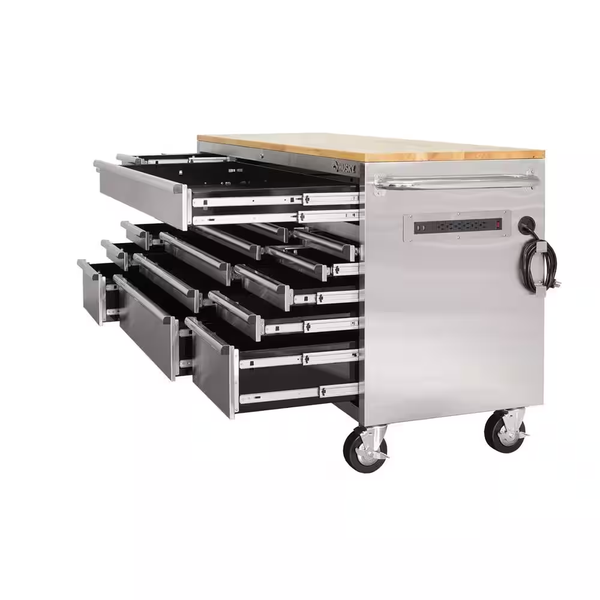 72 In. X 24 In. D Standard Duty 18-Drawer Mobile Workbench Tool Chest with Solid Wood Top in Stainless Steel