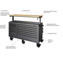 62 In. W X 24 In. D Heavy Duty 14-Drawer Mobile Workbench Cabinet with Adjustable Height Wood Top in Matte Black