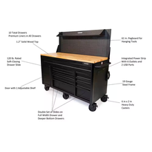 61 In. W X 26 In. D Heavy Duty 10-Drawer 1-Door Mobile Workbench with Hardwood Top, Pegboard and Shelf in Matte Black