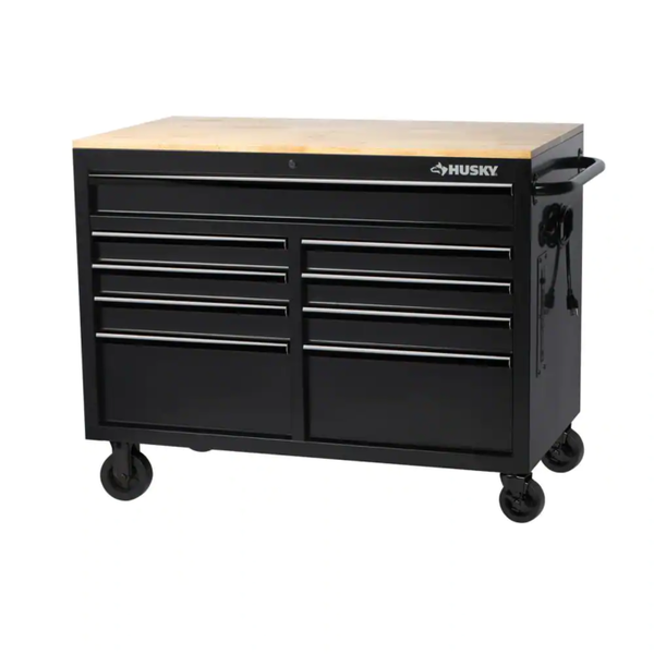 46 In. W X 24.5 In. D Standard Duty 9-Drawer Mobile Workbench Cabinet with Solid Wood Top in Gloss Black