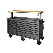 62 In. W X 24 In. D Heavy Duty 14-Drawer Mobile Workbench Cabinet with Adjustable Height Wood Top in Matte Black