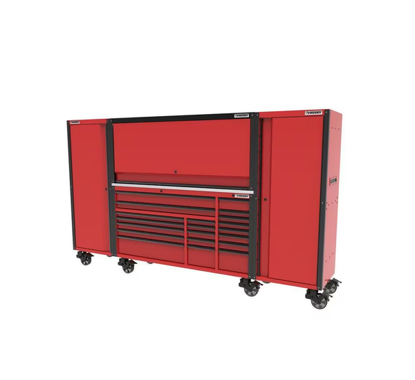 72 In. W X 24.5 In. D Professional Duty 20-Drawer Mobile Workbench Tool Chest with 2 Side Lockers and Top Hutch in Red