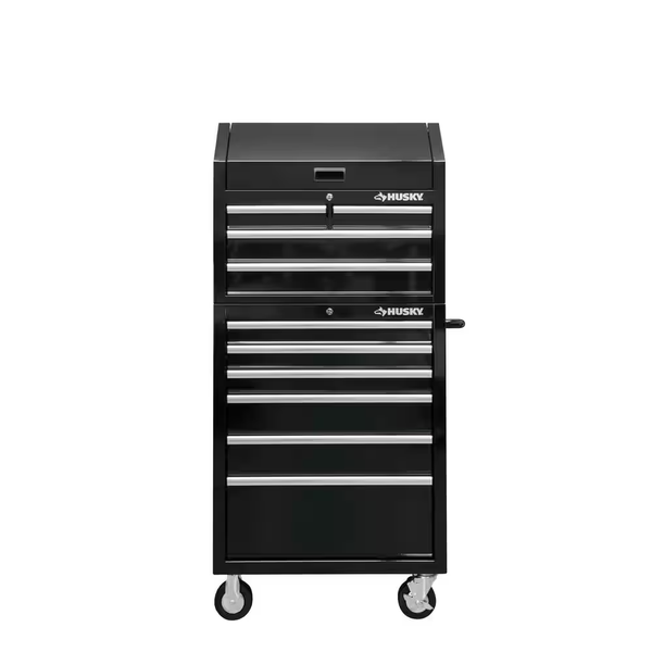 30 In. W X 24.5 in D Standard Duty 10-Drawer Combination Rolling Tool Chest and Top Tool Cabinet in Gloss Black