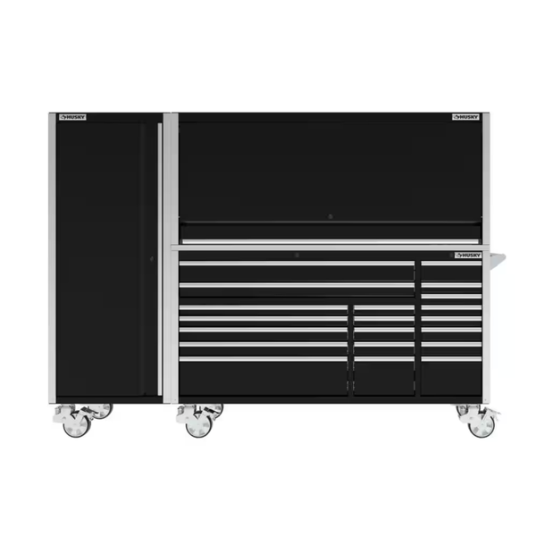 72 In. W X 24.5 In. D Professional Duty 20-Drawer Mobile Workbench Combo W/ Side Locker and Top Hutch in Gloss Black