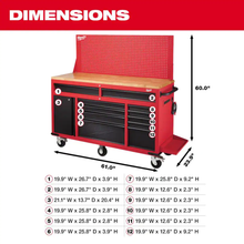 61 In. 11-Drawer/1-Door 22 In. D Mobile Workbench with Sliding Pegboard Back Wall in Red/Black